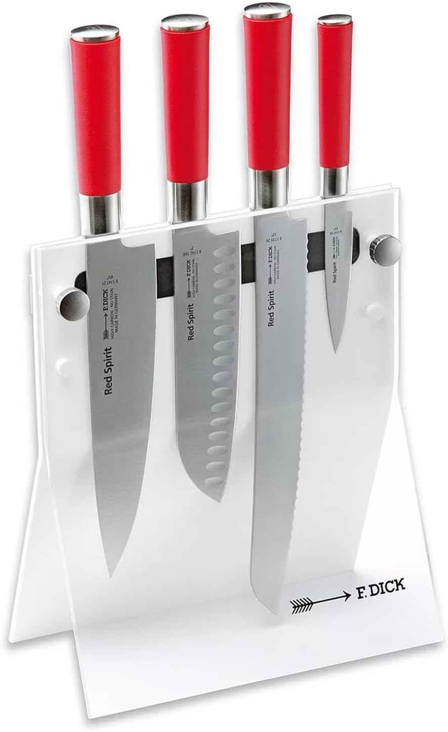 F. DICK Red Spirit Messerblock 4Knives (4-teilig, Officemesser Santoku Küchenmesser Brotmesser, Mess