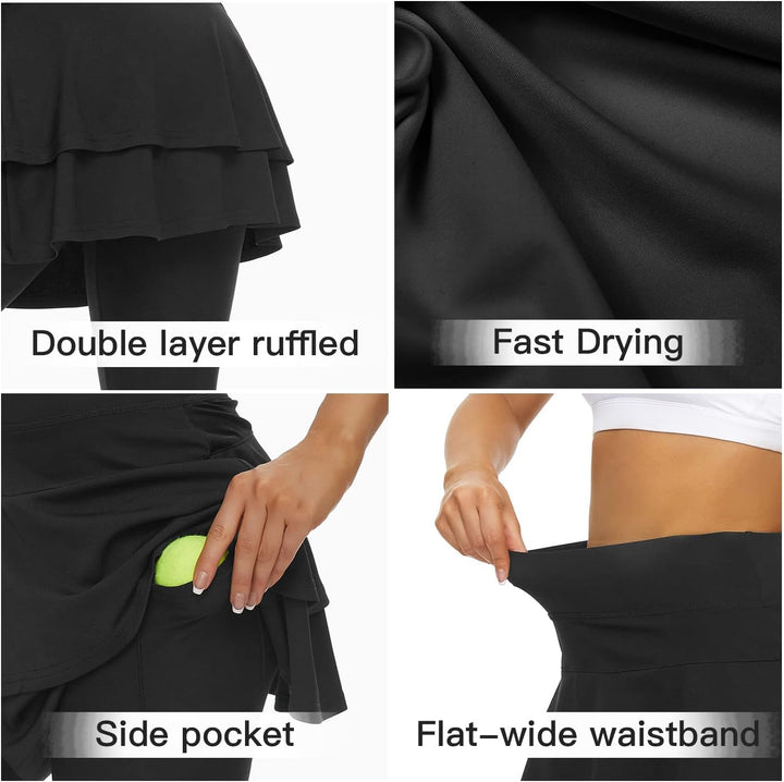 WOWENY Tennisrock Damen Golf Skort Mit Hose, Rock Damen Sommer kurz Sportrock Mit Hose, Faltenrock L