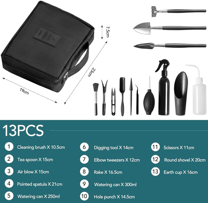 Bonsai Werkzeug Set, 13 Stück Gartenwerkzeug Set, Pflanzen Werkzeug Set mit Aufbewahrungstasche, Min