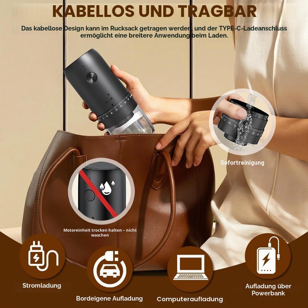 Elektrische Kaffeemühle, Tragbare Kaffeemühle mit 40 Mahleinstellungen, USB Wiederaufladbare Elektri