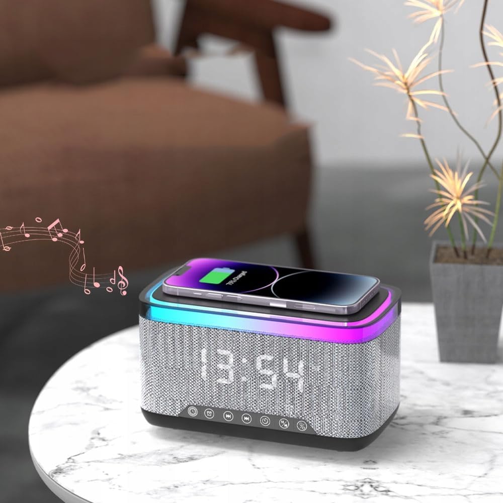 Radio wecker Digital mit Ladestation, 15W Fast Wireless Charger, Digitaler Radiowecker mit Bluetooth