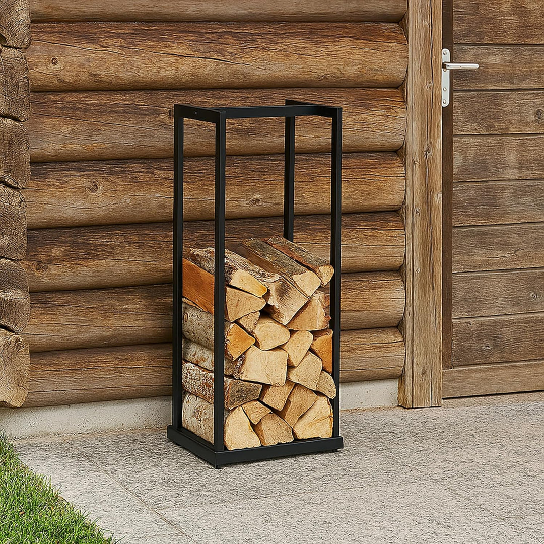Relaxdays, schwarz Kaminholzregal, Metall, Brennholzregal hoch, für Feuerholz, Stapelholz, Brennholz