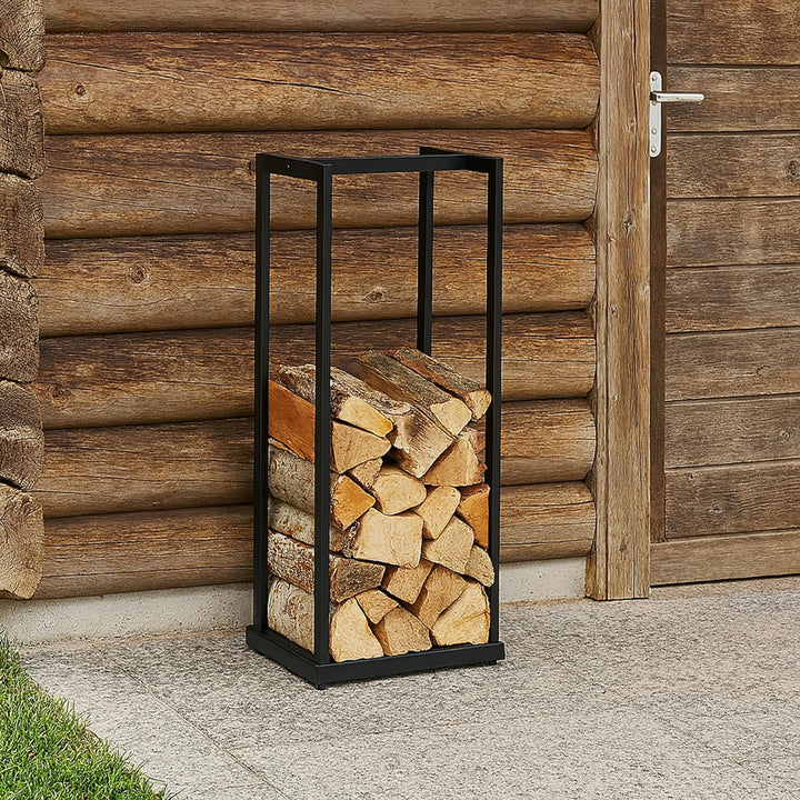 Relaxdays, schwarz Kaminholzregal, Metall, Brennholzregal hoch, für Feuerholz, Stapelholz, Brennholz