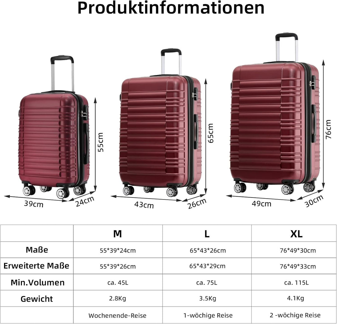 BEIBYE Hartschalen Koffer Trolley Rollkoffer Reisekoffer Zwillingsrollen Kofferset (Weinrot, Set) We