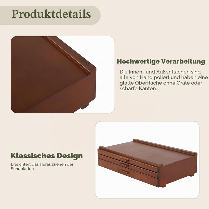 VISWIN 3-Schublade Holz Artist Supply Storage Box mit abnehmbaren Trennwänden, Premium Buche Holz Ar