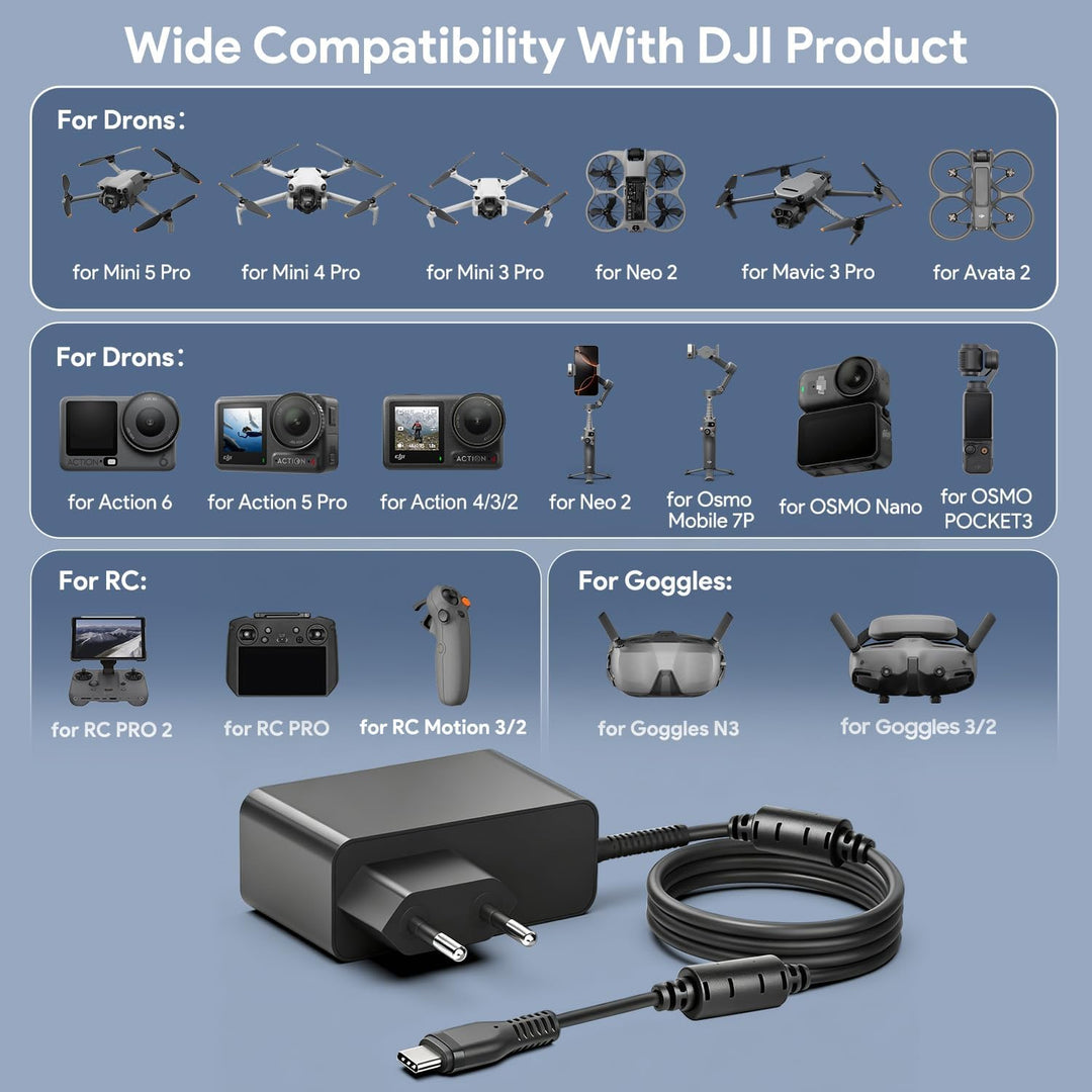 KFD PD 65W USB C Netzteil GaN Schnellladegerät für DJI Mini 4 Pro/Specta Flip/Avata 2 / Air 3 / Air