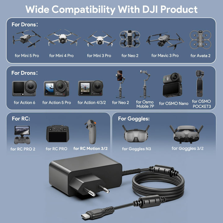 KFD PD 65W USB C Netzteil GaN Schnellladegerät für DJI Mini 4 Pro/Specta Flip/Avata 2 / Air 3 / Air