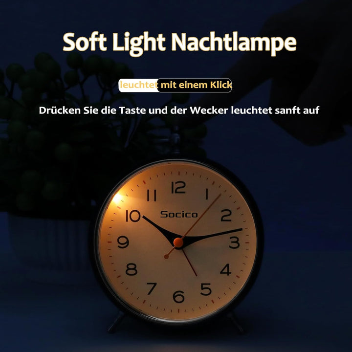 SOCICO Analog Wecker für das Schlafzimmer, Ohne Ticken Wecker mit Licht, Retro-Wecker Analog mit Sch