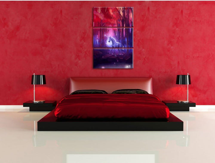 Pixxprint Einhorn im Zauberwald als Leinwandbild - Grösse: 3-Teilig (120x80cm) - Wandbild - Kunstdru