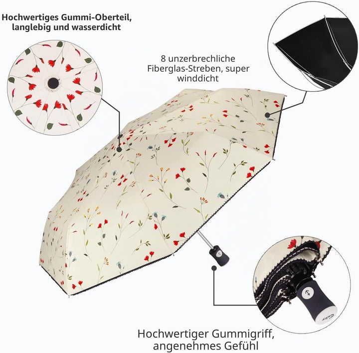 CUBY Regenschirm, Sonnenschirm, Freien Uv-Schutz Damen Automatik Faltschirm Winddicht Regenfest, Min