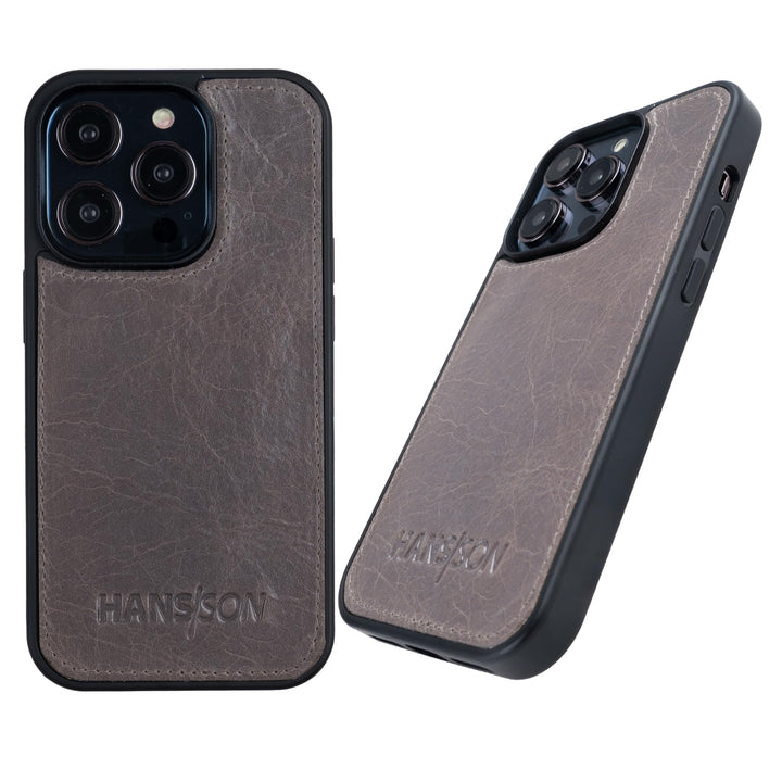 HANS/SON Echtlederhülle in Grau | iPhone 14 Pro Ledercase | Schutz vor Stürzen und Stössen | Magsafe