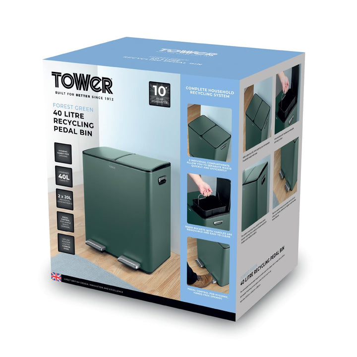 Tower T838022FOR Recycling-Treteimer, zwei 20-Liter-Fächer mit herausnehmbaren Inneneimern, Körper a