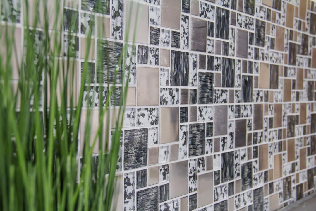 Mosaik-Netzwerk MosaikflieseKombination Crystal/Stahl mix schwarz struktur Glasmosaik Transluzent Tr