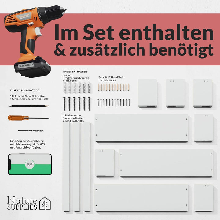 NATURE SUPPLIES Set mit 3 weissen Kinderzimmerregalen 58 cm, Massivholz, ideal für Bücher, Spielzeug