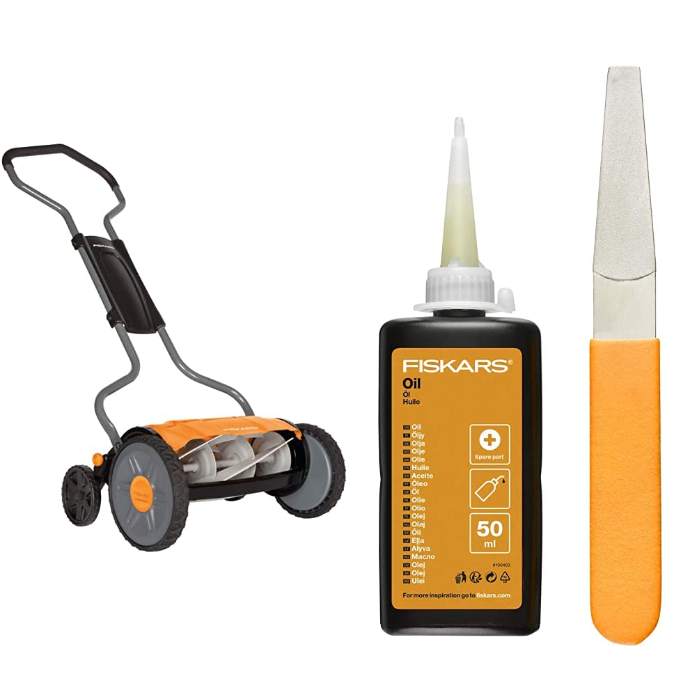Fiskars Spindelmäher, Rasenmäher mit berührungslosem Schneidesystem, Schnittbreite: 43 cm, Schwarz/O