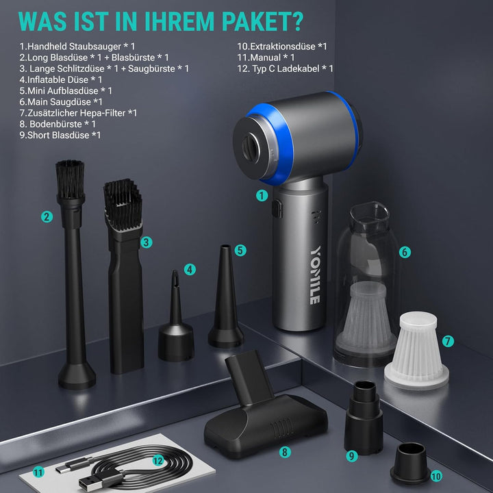 Yomile Handstaubsauger Kabellos,25000PA 4 in 1 Handstaubsauger Akku,Autostaubsauger mit Bürstenloser