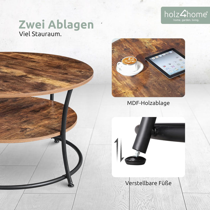 holz4home® Couchtisch Lillie runder Wohnzimmertisch | mit Ablage | einfache Montage | Industrial-Loo