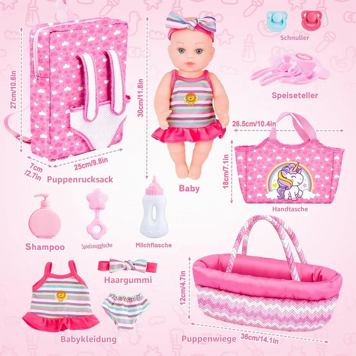 deAO 12”Baby Puppe, Spielpuppe mit Backbag, Handheld-Halterung, Tragbarer Schulranzen, Puppenkleidun