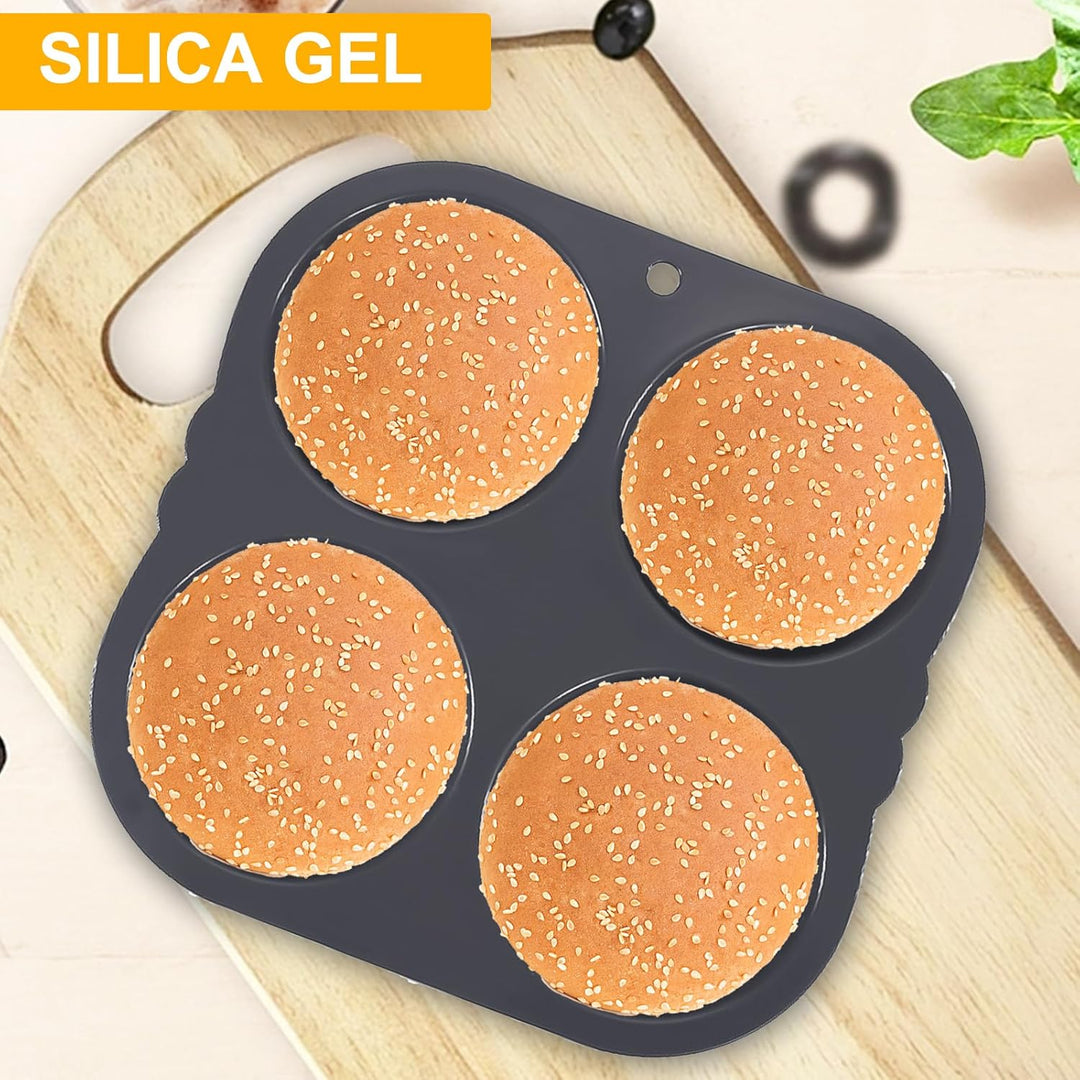 Burger Buns Backform Silikon, 23.5 X 23.5 X 4cm Burgerbrötchen Backform Rund 4 Gitter 10cm Brötchenb