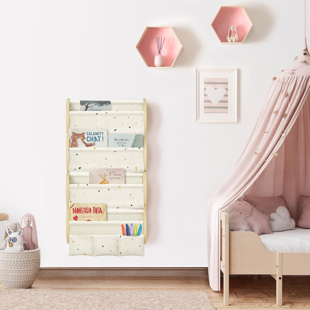 Bücherregal Kinder Wand Kinderbücherregal Montessori mit 4 Ablagen & 3 Taschen Kinderregal Wandregal