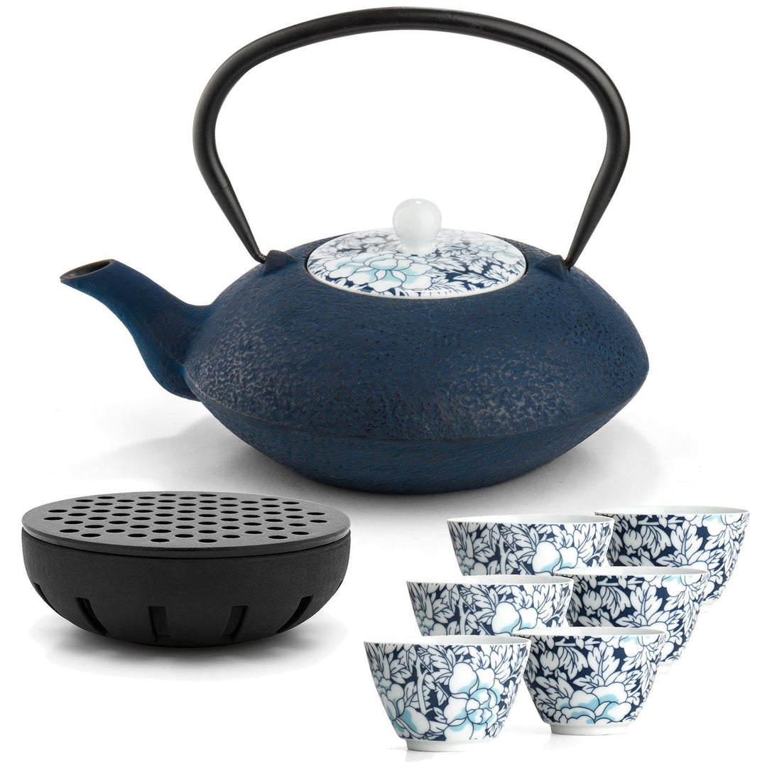 Teekanne asiatisch Gusseisen Set blau 1.2 Liter Teekessel mit Edelstahl Tee-Filter-Sieb-Einsatz für