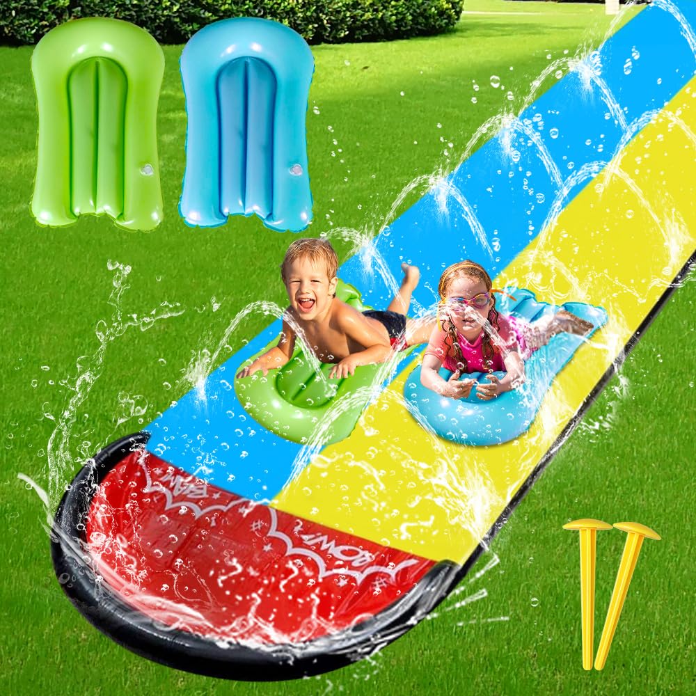 Wasserrutsche Garten für Kinder, 6.1*1.4M Aufblasbare Wasserrutsche mit 2 Bodyboards, Doppelte Wasse