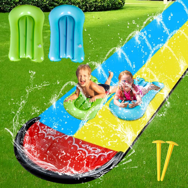 Wasserrutsche Garten für Kinder, 6.1*1.4M Aufblasbare Wasserrutsche mit 2 Bodyboards, Doppelte Wasse