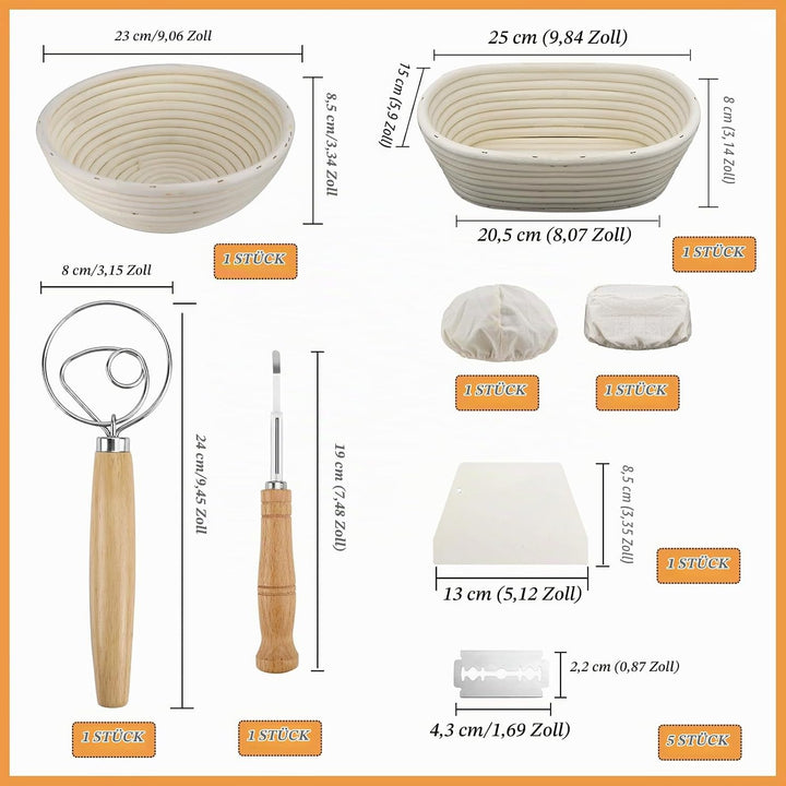 2 Stück Gärkörbchen für brot, Gärkorb Brot Set, 100% natürlichem Rattan, Brot 23cm Rund &amp; 24,5cm Ova