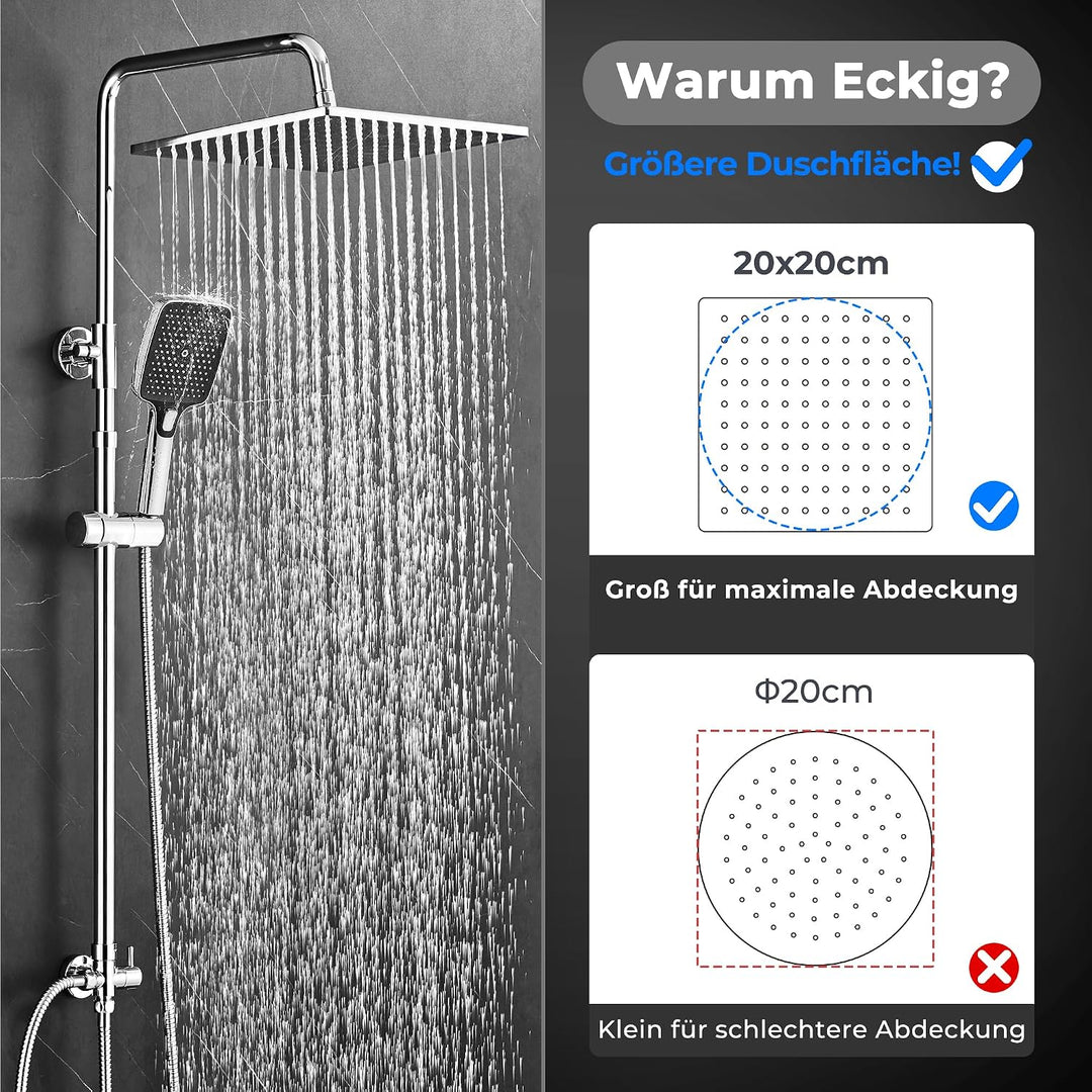 JOHO Edelstahl Duschsystem ohne Armatur, Regendusche Duschset Wassersparend mit Kopfbrause 20x20 cm