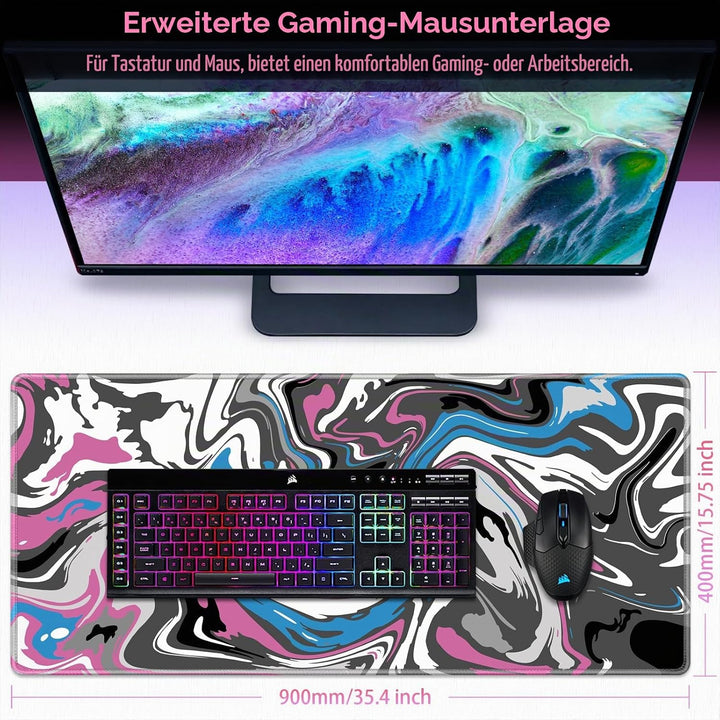 Gaming Mauspad XXL, Mousepad 900 x 400mm, Fluid Art Mauspad gross Vernähte Kanten WassXerdicht Anti-