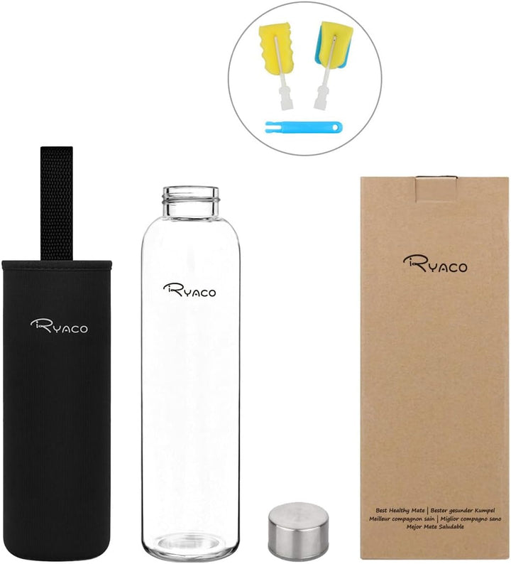 Ryaco Trinkflasche aus Glas 550ml/750ml/1000ml/1L,Glasflasche mit Neoprenhülle,Glastrinkflasche mit