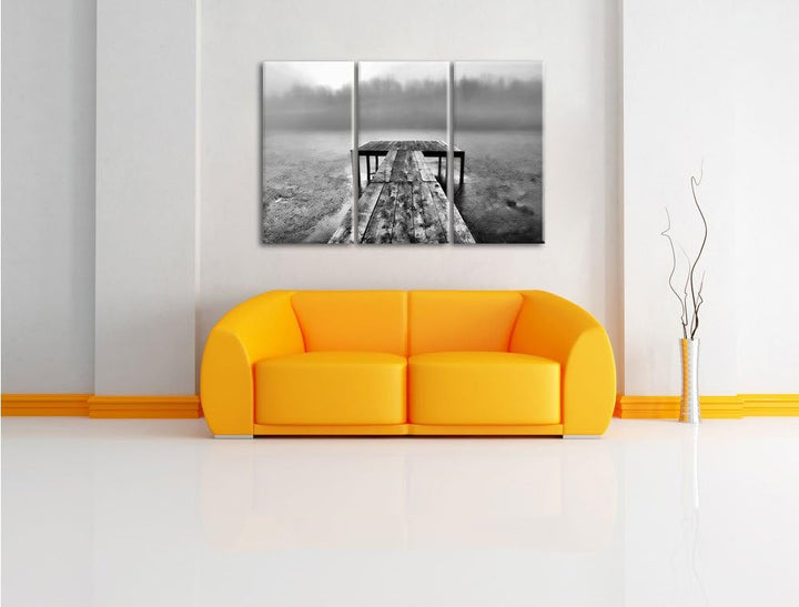 Pixxprint Steg am See Nebel / 3-Teilig/Gesamtmass 120cm Leinwandbild bespannt auf Holzrahmen/Wandbil