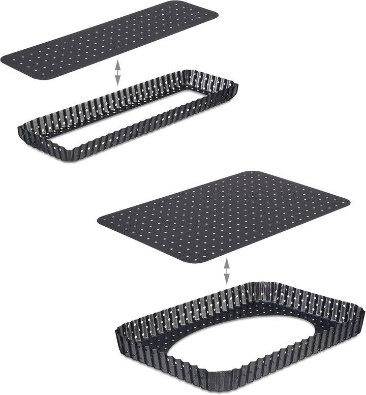 Relaxdays Tarteform, 2er Set, mit Hebeboden & Löchern, 2 Grössen, antihaftbeschichtet, rechteckige Q