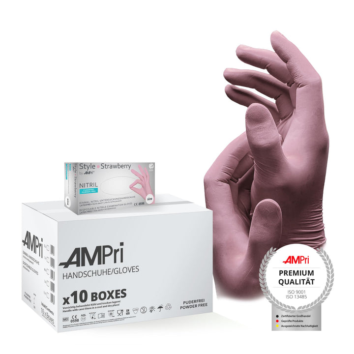 AMPri Nitrilhandschuhe, rosa, 10 Box a 100 Stk, Grösse S, puderfrei, Style Strawberry by Med-Comfort