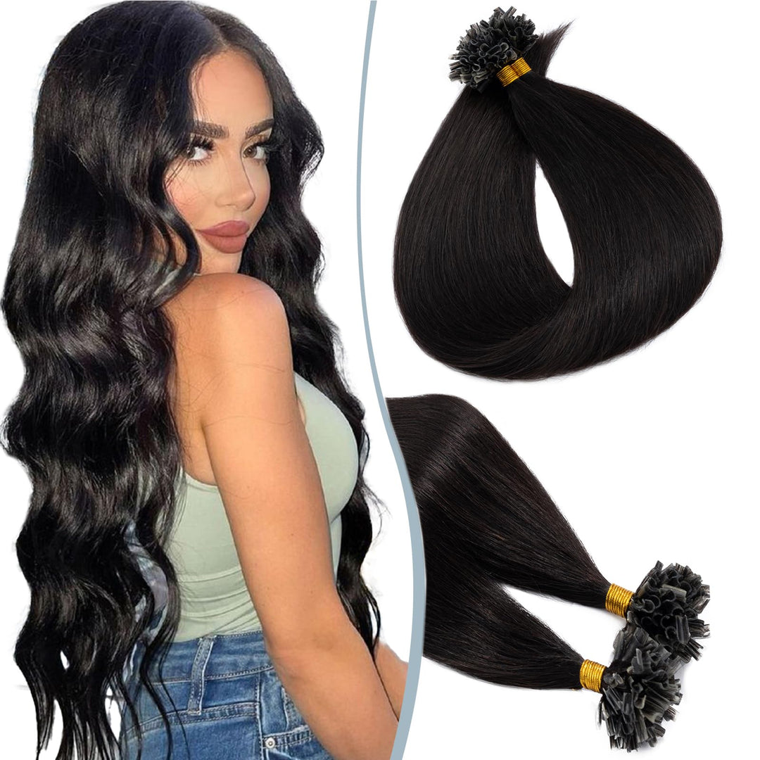 Elailite Bondings Extensions Echthaar #1B Naturschwarz, 50g 35cm U Tip Hair Extensions Keratin 100 S