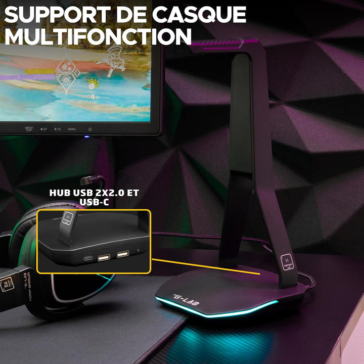 The G-Lab – K-Stand Hydrogen – Gaming Kopfhörer Ständer – RGB mit 7 Farben, EIN/Aus-Schalter, 2X USB