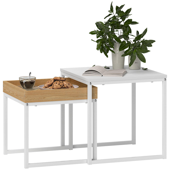 HOMCOM Couchtisch 2er Set Satztisch Quadratischer Beistelltisch mit Abnehmbarem Tablett, Stahlgestel