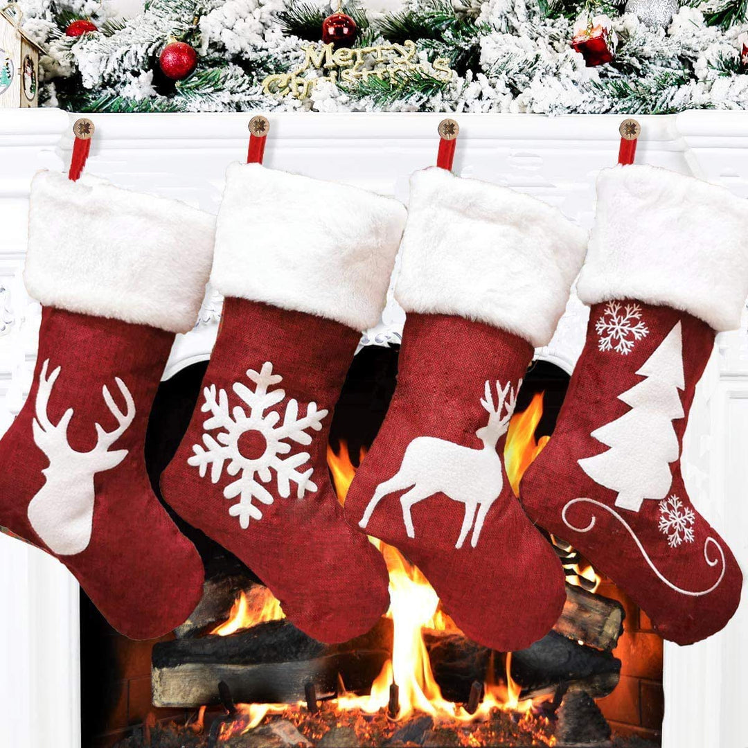 Dremisland Grosse Weihnachtsstrumpfe 4er Set, 46cm Rot Weiss Weihnachtsstrümpfe mit Rentier Plüsch F