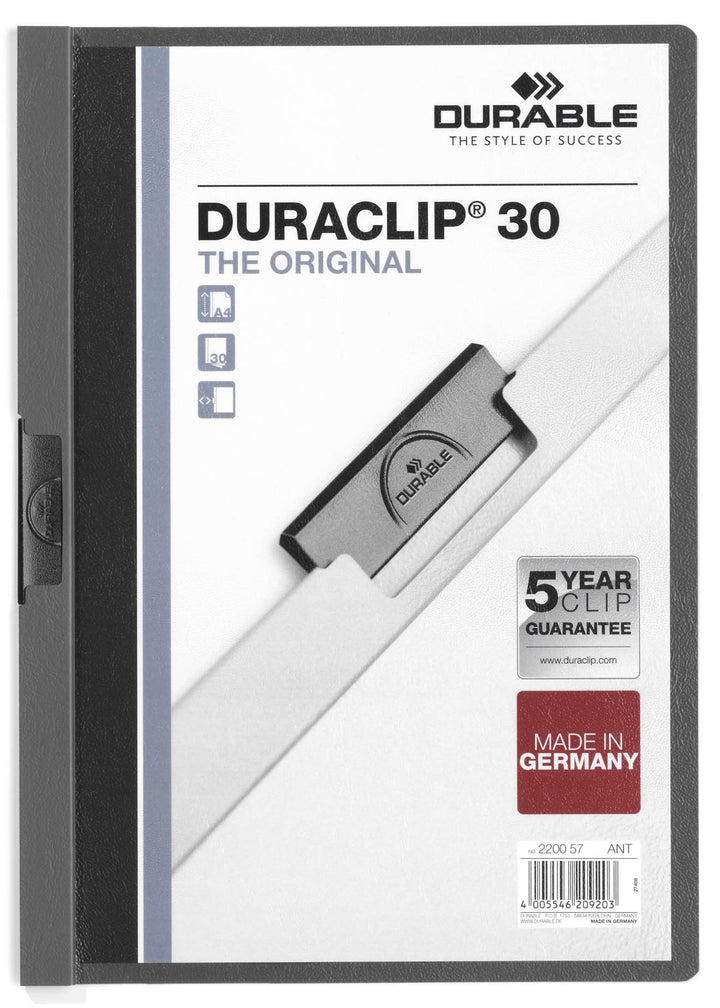 Durable Klemm-Mappe Duraclip Original 30 (für 1-30 Blatt A4), 25 Stück, anthrazit/grau, 220057 anthr