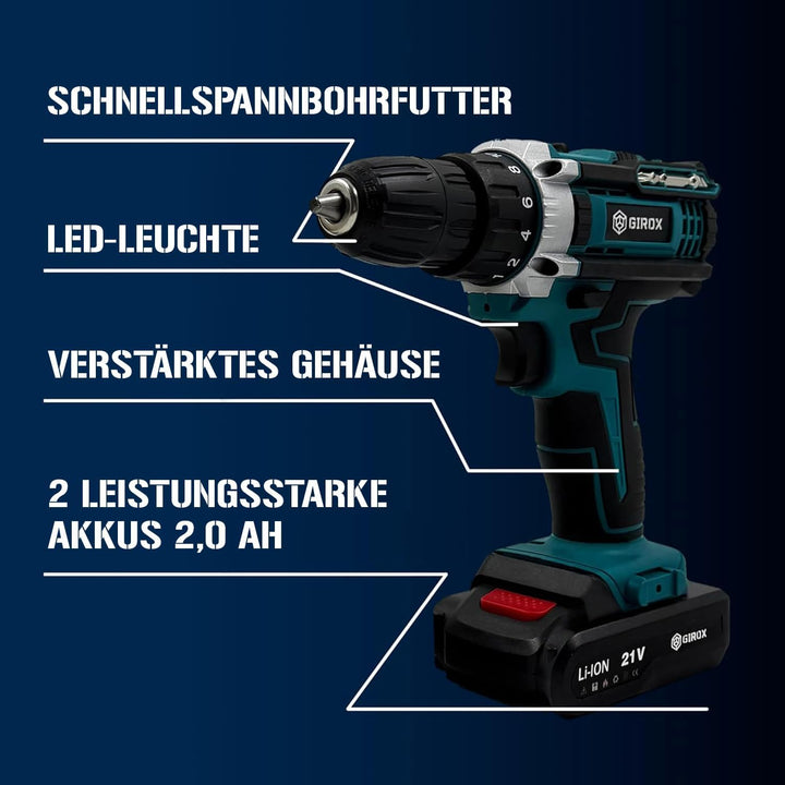Girox - Akku Bohrschrauber 21V Blau - Akkuschrauber Set mit 2x 2,0Ah Li-Ion Akku und Ladegerät - 2 G