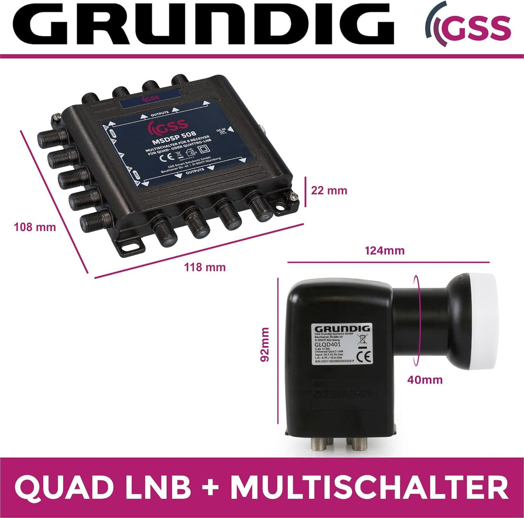 [ Test SEHR GUT *] GSS 5/8 Multischalter + GSS Grundig 4fach Quad LNB im Set, Multiswitch für 1 Sate