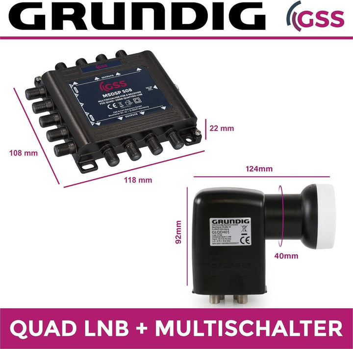 [ Test SEHR GUT *] GSS 5/8 Multischalter + GSS Grundig 4fach Quad LNB im Set, Multiswitch für 1 Sate