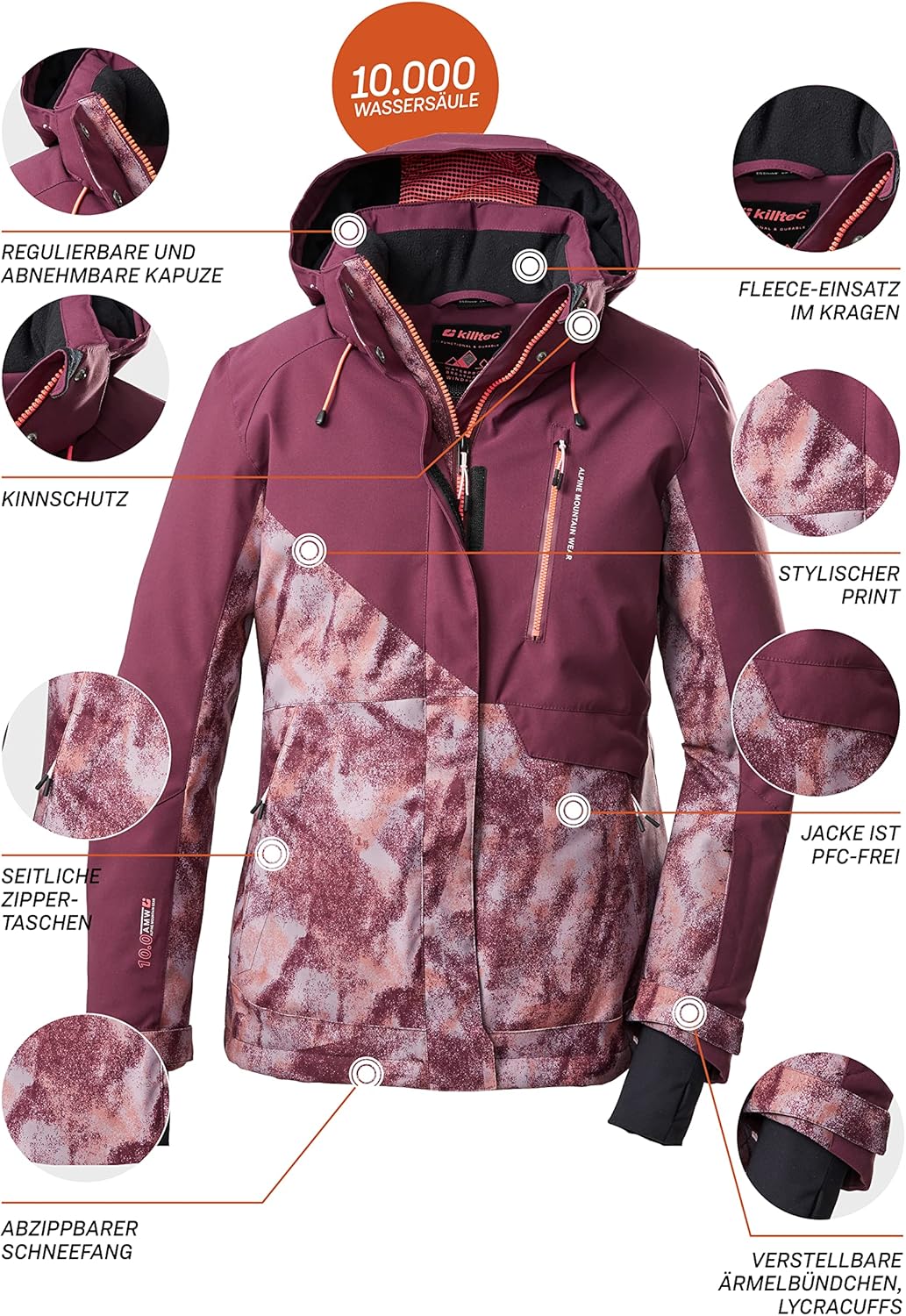 Killtec Damen Ksw 145 Wmn Ski Jckt Skijacke/Funktionsjacke mit abzippbarer Kapuze und Schneefang 36
