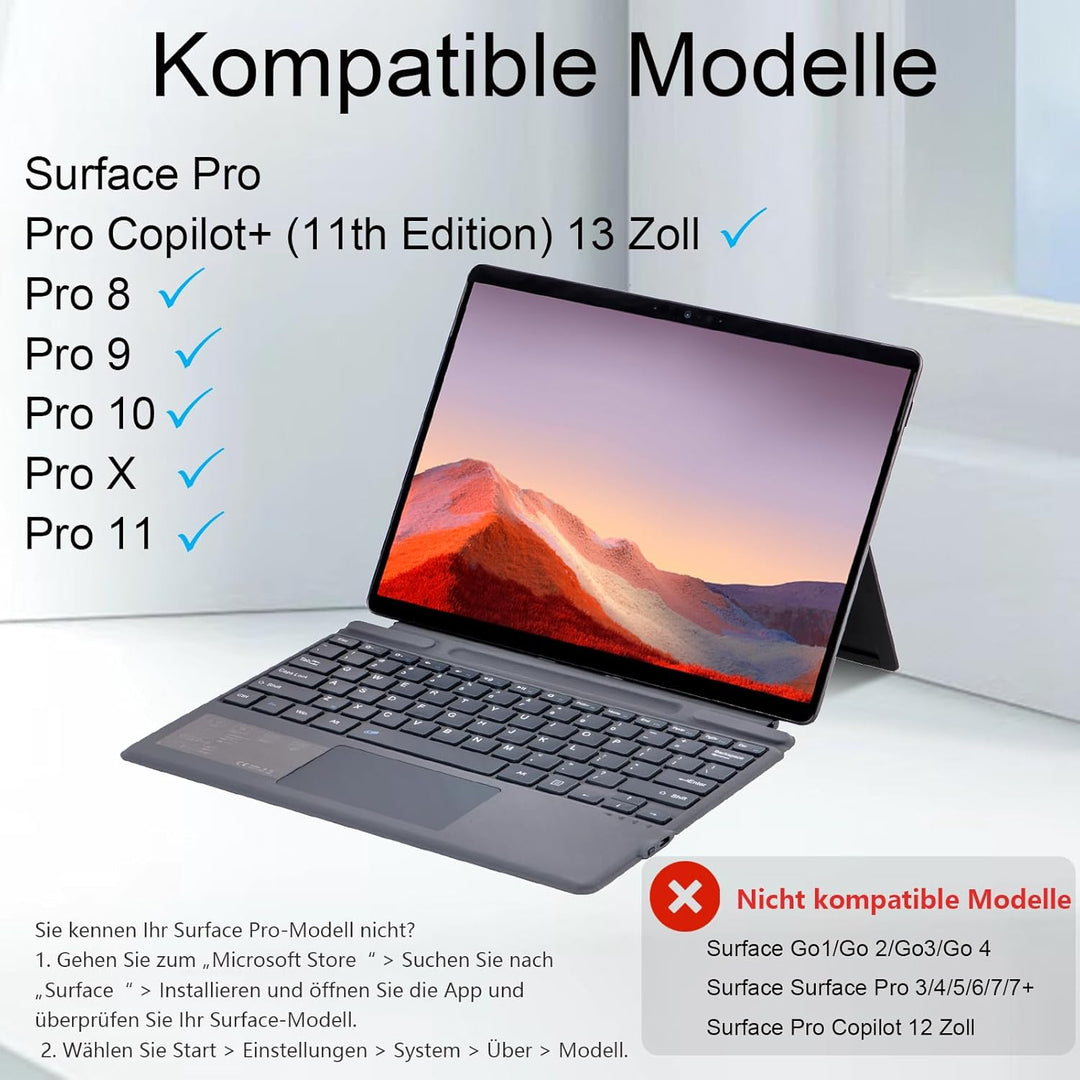 Bluetooth-Tastatur für Microsoft Surface Pro Copilot+ PC (11. Edition), kompatibel mit Pro 8 9 10/ X