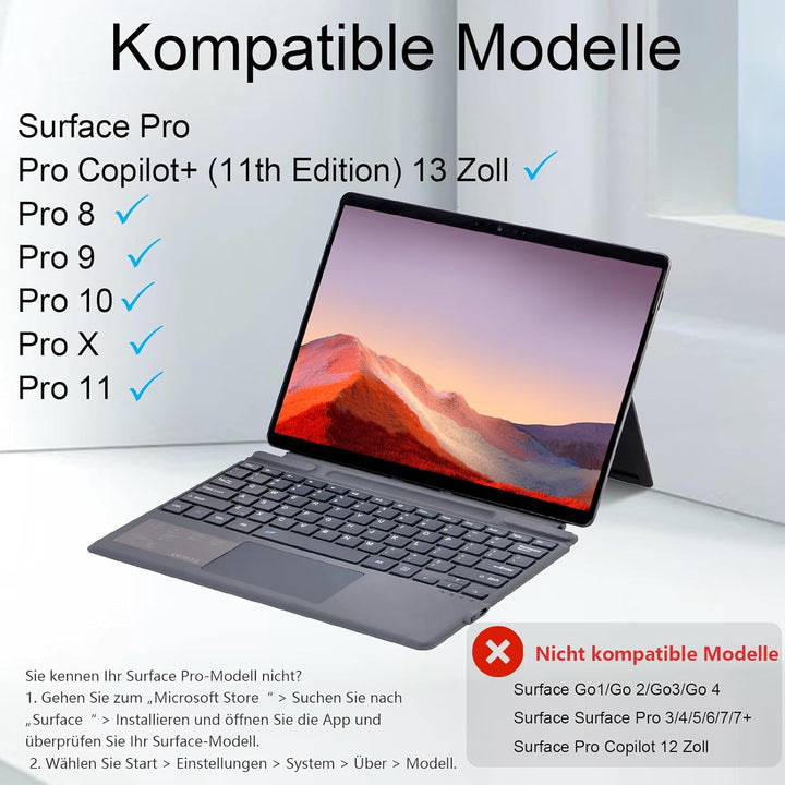 Bluetooth-Tastatur für Microsoft Surface Pro Copilot+ PC (11. Edition), kompatibel mit Pro 8 9 10/ X