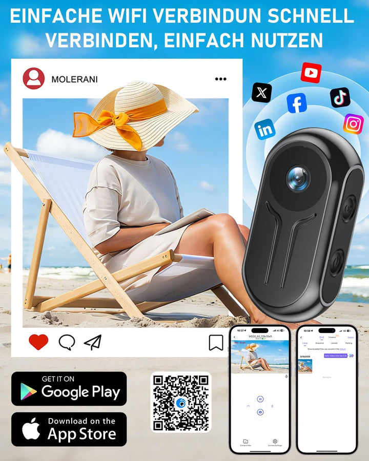 Action Cam mit WiFi 2K Ultra-HD, Bodycam Körperkamera Mini 120° Weitwinkel, POV Kamera mit Bildschir
