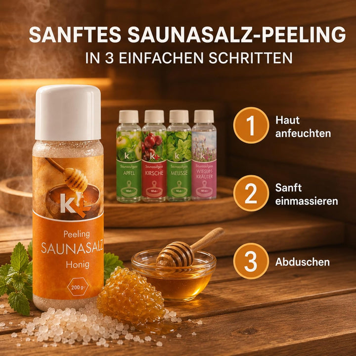 KK Sauna -Set mit Salz Peeling | KK Saunaaufgussset"Altes Land" 4 x 100 ml + 200 g KK Saunasalz"Honi