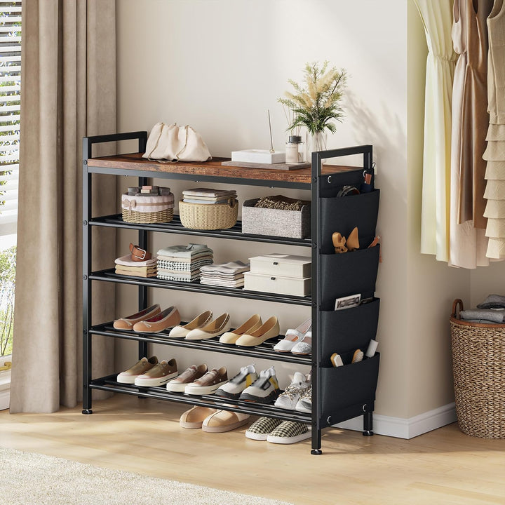 Schuhregal platzsparend 5 Ebenen für 16-20 Paar, Schuhschrank schmal mit Seitentaschen, Metall-Holz
