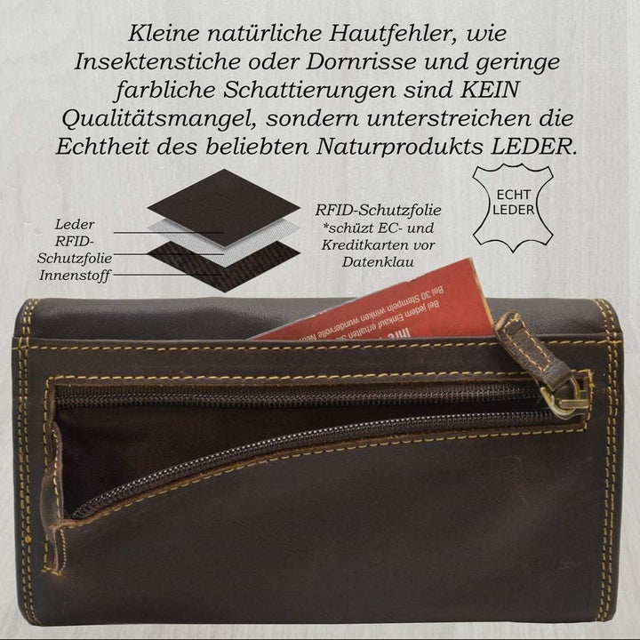 flevado RFID Schutz Grosse Leder Damen Brieftasche Vintage mit Adler Motiv Biker Geldbörse