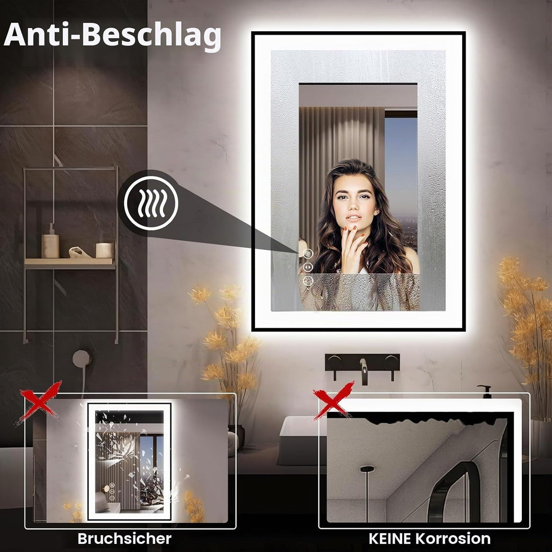 EchosLife 70x90cm Badspiegel mit Beleuchtung Schwarz Aluminium, Dimmbar Spiegel mit Beleuchtung, Ant